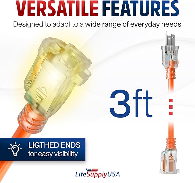 3ft Outdoor/Indoor Extension Cord 10/3 Gauge Ultra Heavy Duty 3 Prong SJTW, Waterproof, Flexible Cold-Resistant Long Power Cord,15A 125V 1875W, Orange by LifeSupplyUSA