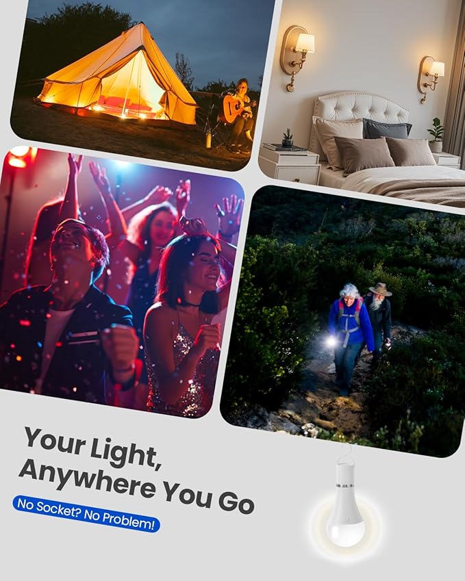 KINDEEP Rechargeable Light Bulbs with Remote, E26 Battery Operated LED Bulb: 2000mAh Dimmable Wireless Backup Light Bulbs with 15 Colors & 3 Timer for Non-Hardwired Lamps Wall Sconce, 4 Pack