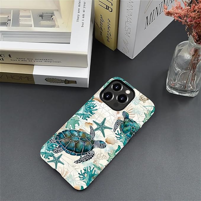 for iPhone 14 Pro Max Case,HH2 Ocean Sea Turtle Nautical Map Hybrid 2 Layer Hard Shell Silicone Protective Pattern Design Case