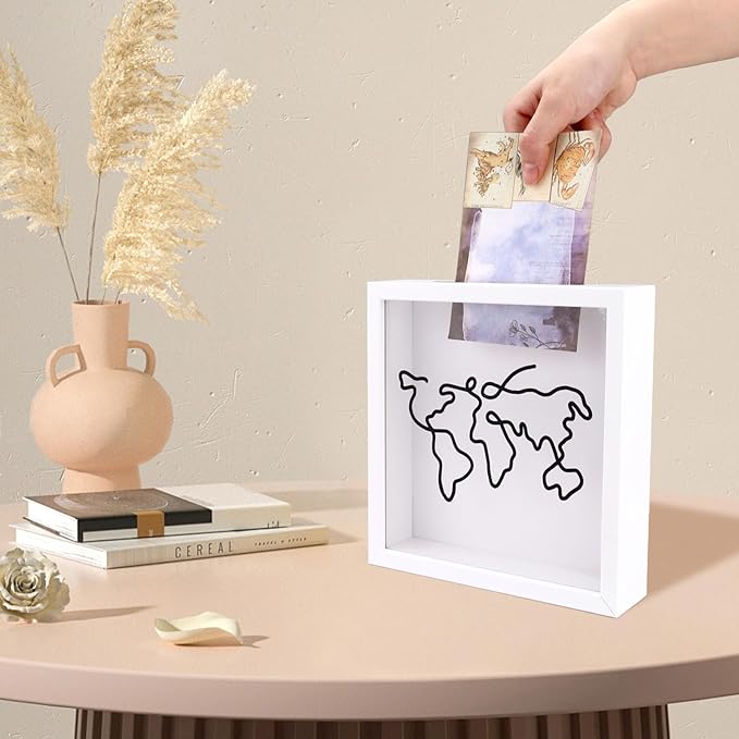 ASTIMESA 7.8" x 7.8" Adventure Archive Box Display Case, Transparent Travel Shadow Box Frame with Slot on Top, Map Travel Memories Holder for Keepsakes Gift Concert Ticket Photo (White)