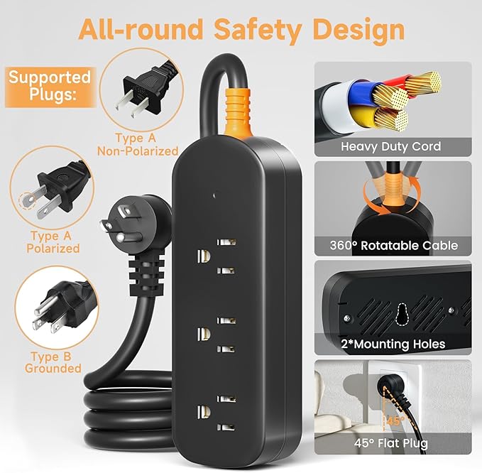 Outdoor Power Strip Weatherproof 6 FT Extension Cord Waterproof Surge Protector Power Strip, 3 AC Outlets, 1625W Overload Protection, for Camping, Home, Office, Garden, FCC UL Listed
