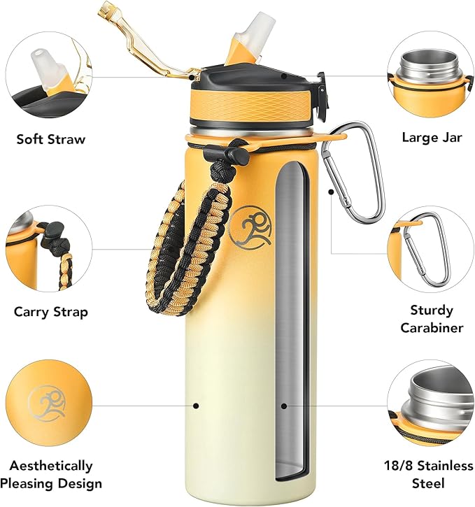 GOSWAG Insulated Sports Water Bottle, 24oz 2 Lids(with Straw/No Straw), Stainless Steel Water Bottles with Paracord Handle, Insulated Bottle with Double-Wall Vacuum Insulation