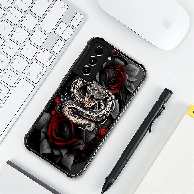 for Samsung Galaxy S21 FE Case, Entwined Rose Snake Pattern Graphic Design Girl Boy Soft Silicone Hard Acrylic Shock Protection for Samsung Galaxy S21 FE