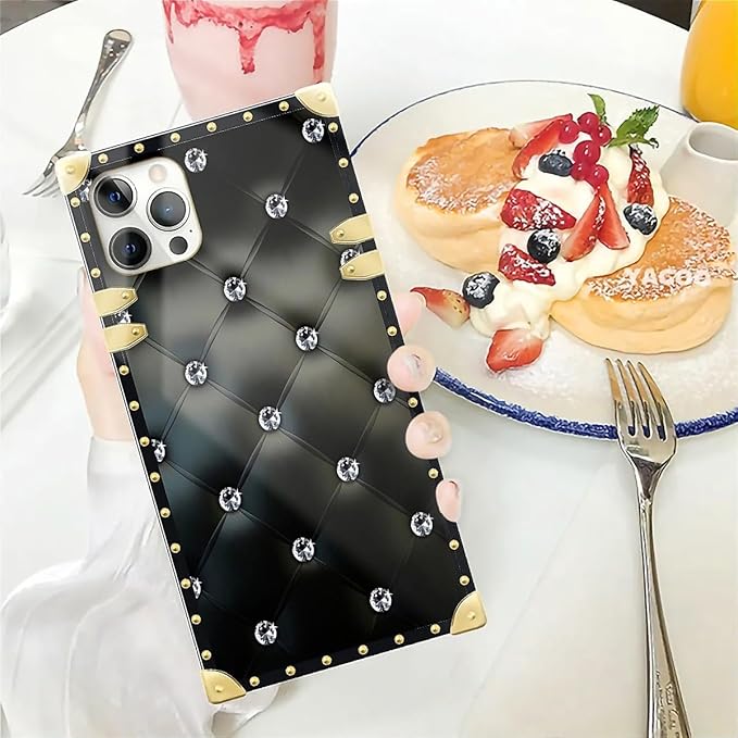 Compatible with iPhone 12/12 Pro Case, Shiny Black Sofa Crystal Luxury Golden Decoration for Girl Women Soft TPU Shockproof Protective Hard PC Back