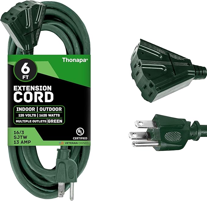 Thonapa Weatherproof Green Extension Cord 6 ft 3 Outlets, 16/3 SJTW Outdoor Extension Cord with Multiple Outlets 6 Foot, 13 AMP Exterior Electric Cable 3 Way Plug for for Outdoor Lights, Landscaping