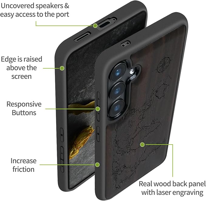 Carveit Wood Case for Galaxy S24 Plus Case [Natural Wood & Black Soft TPU] Shockproof Protective Cover Unique Wooden Design Compatible with S24 Plus (Compass Maps-Blackwood)