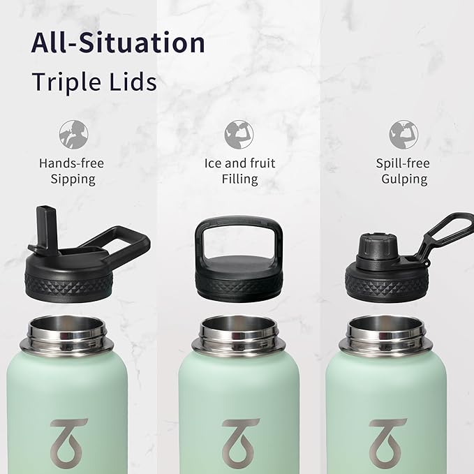 Trebo 40oz Water Bottle Insulated with Lid and Straw,Triple Wall Vacuum Stainless Steel Metal Sports Flask with Paracord Handle, Keep Hot 24 Hours & Cold 48 Hours Water Jug with 3 Lids, Dark Green