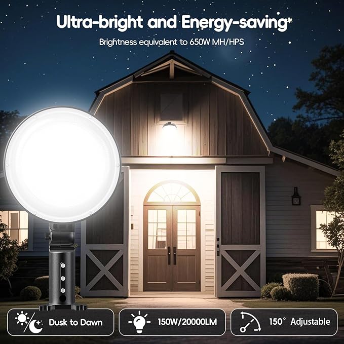 150W 4 Pack 20000LM Dusk to Dawn Outdoor Lighting, LED Barn Lights Outdoor with 150° Adjustable Photocell Pole Light 6500K Flood Light, IP66 Waterproof Area Street Light for Garage Yard