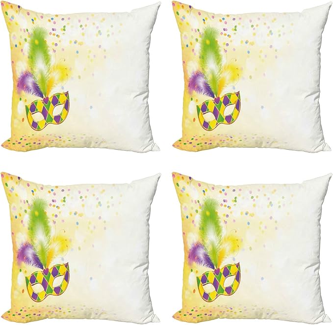 Ambesonne Mardi Gras Throw Pillow Cushion Case Pack of 4, Festival with Ornamental Feathers Colorful Dots Party, Modern Accent Double-Sided Digital Printing, 16", Yellow Green Purple