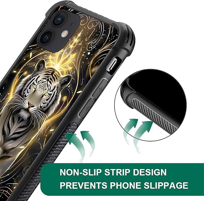 for iPhone 12/12 Pro Case, White Tiger Golden Mystery Pattern Graphic Design Girl Boy Soft Silicone Hard Acrylic Shock Protection for iPhone 12/12 Pro