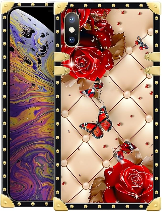 Compatible with iPhone Xs Max Case, Shining Red Rose Butterfly Leather Background Luxury Golden Decoration for Girl Women Soft TPU Shockproof Protective Hard PC Back for iPhone Xs Max
