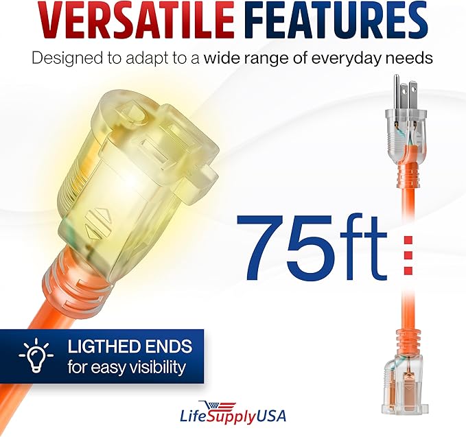 75ft Outdoor/Indoor Extension Cord 14/3 Gauge Heavy Duty 3 Prong SJTW, Waterproof, Flexible Cold-Resistant Long Power Cord,13A 125V 1625W, Orange by LifeSupplyUSA
