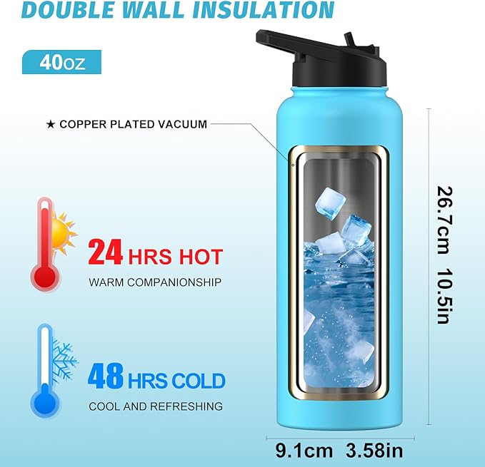 40oz Insulated Water Bottle (Cold for 48 Hrs),BPA Free&Leak Proof,Stainless Steel Water Flask,Water Jug with Straw Spout Lids for Gym,Hiking,Travel,Sky Blue