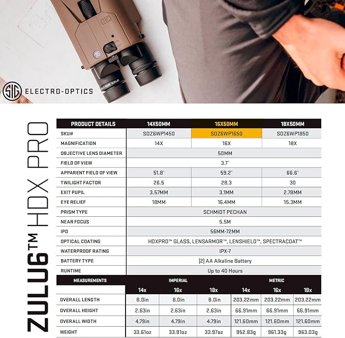 SIG SAUER ZULU6 HDX PRO 16x50mm Waterproof Fogproof Durable FDE Image Stabilized Hunting Binoculars, Multicoated Anti-Glare Lenses, Up to 40 Hours Runtine, Carrying Case & Carrying Strap Included