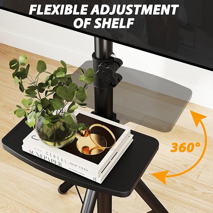 TVON TV Tripod Stand with Shelf for 23-80 inch LED LCD Flat Screen/Curved TVs, Portable TV Stand with ±15° Tilt and Height Adjustment Holds up to 100lbs, Outdoor TV Mount Max VESA 600x400m