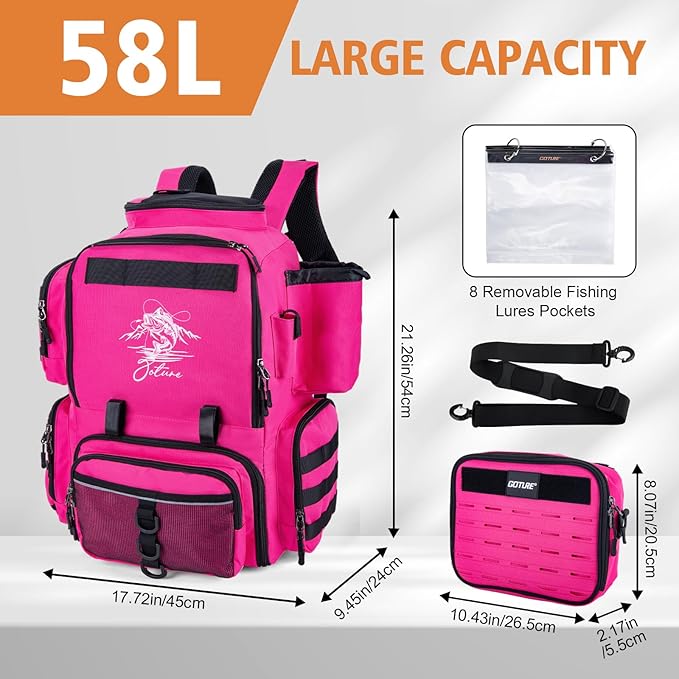 Goture Fishing Backpack, 58L 900D Water-Resistant Insulated Tackle Backpack with Cooler, Rod Holders, 8 Lure Pockets, Detachable Crossbody Bag, Gear Storage Large Fishing Bag for Camping Hiking