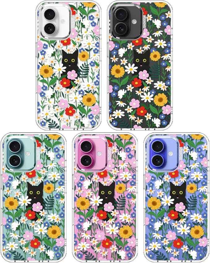 MOSNOVO Case for iPhone 16, [Buffertech 6.6ft Military-Grade Drop Protection] [Anti Peel Off Tech] Clear TPU Bumper Phone Case Cover Design - Black Cat in Garden