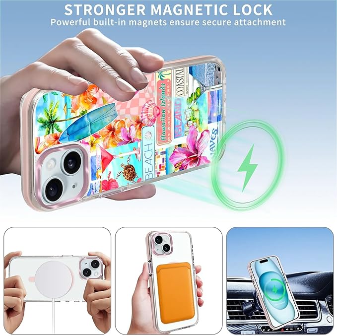 Case for iPhone 14 Plus/15 Plus,[Compatible with MagSafe],Coastal Beach Cover Coquette Collage Phone Case Design，for Women Girls Magnetic Clear Cover - Slim, Sleek, & Shockproof Protection