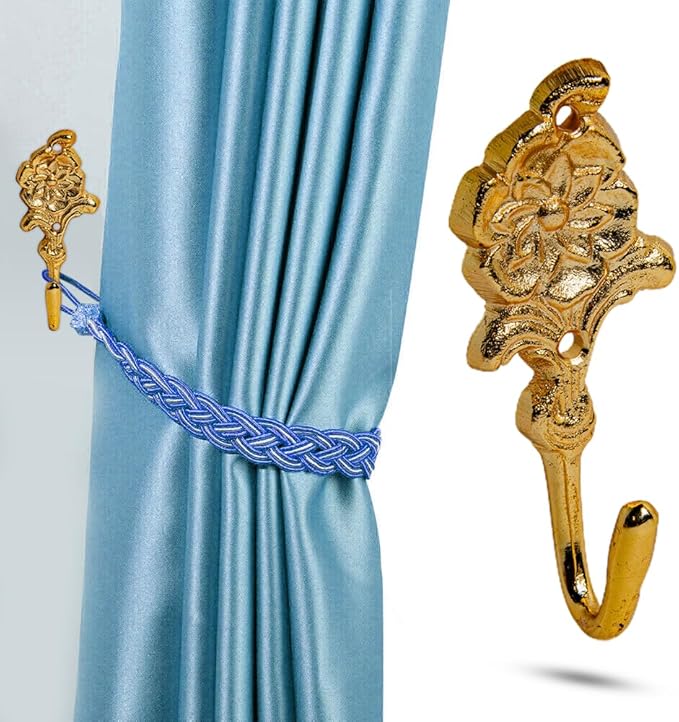 FAPBADRI Multipurpose Hooks, Used to Hang Clothes, Bags, Coats, Curtain Hold Backs, Keys, Colour - Full Gold, Material - Brass, Flower Design, Screws and Wallplugs Included, Pack of 4 Pieces