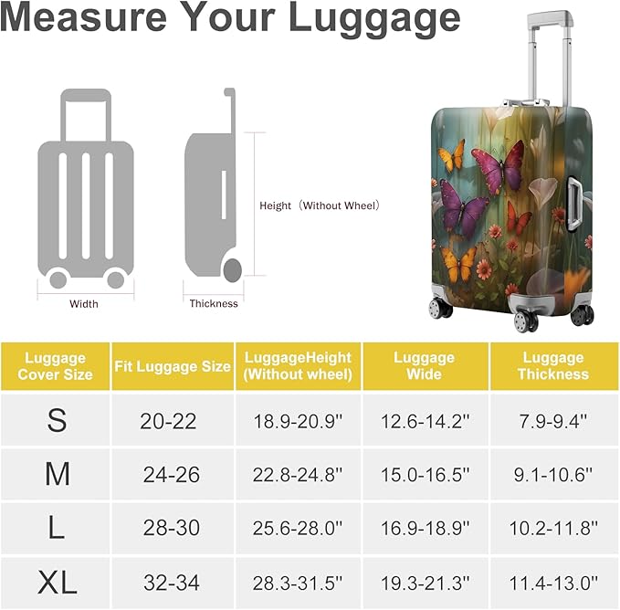ANNA QUEEN Butterfly Garden Luggage Cover, Colorful Butterfly and Flower Suitcase Protector, Stretchable Washable Travel Sleeve for 32-34 Inch Luggage