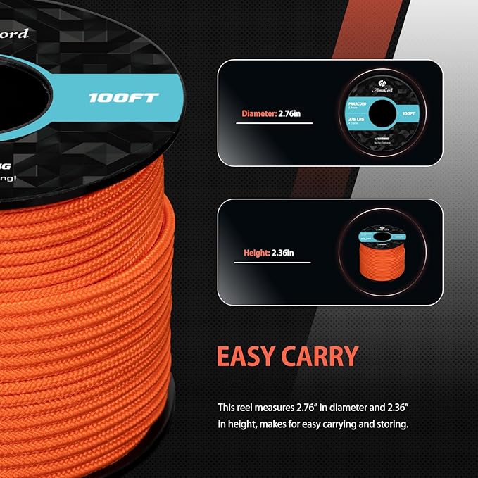 Abma Cord 2.4mm Paracord 275 100ft Nylon Rope 4 Strands Tactical Parachute Cord - Max. 275lbs - Orange