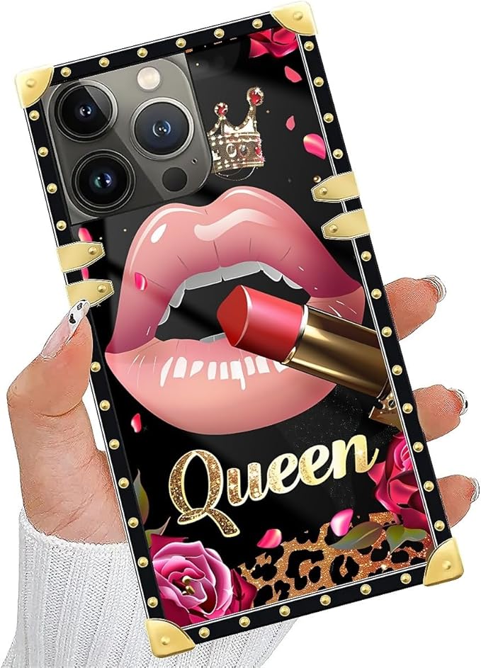 Compatible with iPhone 15 Pro Max Case, Glitter Red Rose Queen Leopard Lipstick Luxury Golden Decoration for Girl Women Soft TPU Shockproof Protective Hard PC Back