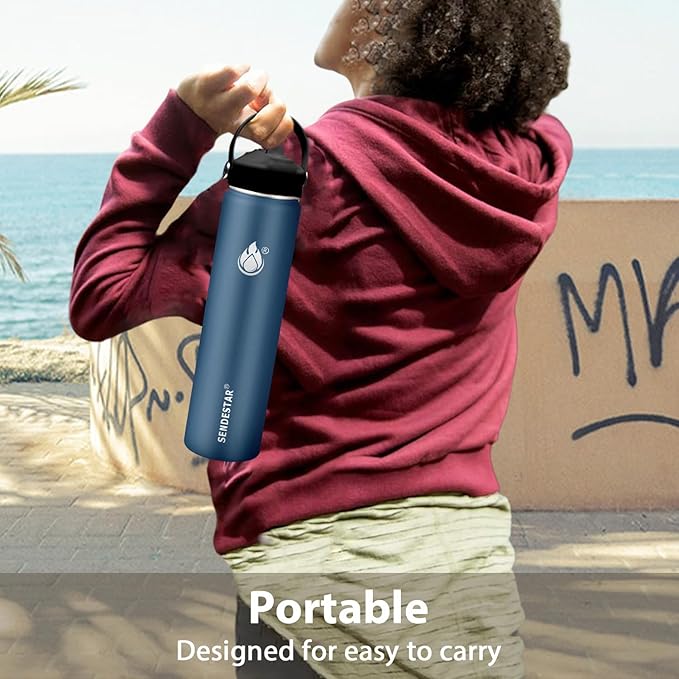 Insulated Water Bottle 32 oz with Straw, Stainless Steel Wide Mouth Water Bottle, Double Wall Vacuum Leak Proof with Straw Lid & Spout Lid for Sports or Office, Keep Cold or Hot Up to 24 Hrs