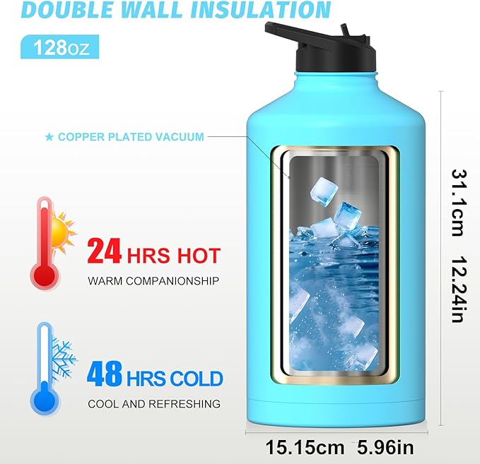 1 Gallon Water Bottle Insulated(Cold for 48 Hrs),BPA Free&Leak Proof,128oz Stainless Steel Water Jug,Large Water Bottle with Straw Spout Lids for Gym,Hiking,Camping&Travel,Sky Blue