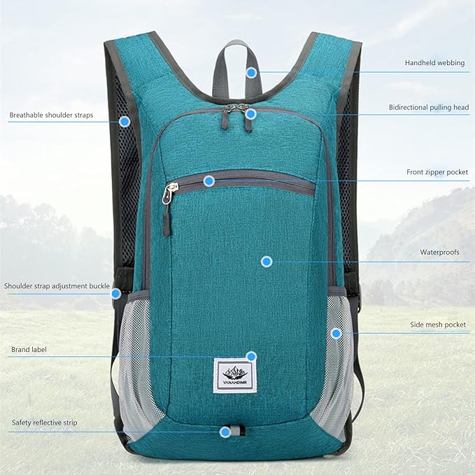 DOJUNS Hiking Backpack 15L Small Travel Backpack Lightweight Foldable Daypack Packable Camping Backpacks for Women Men (Black)