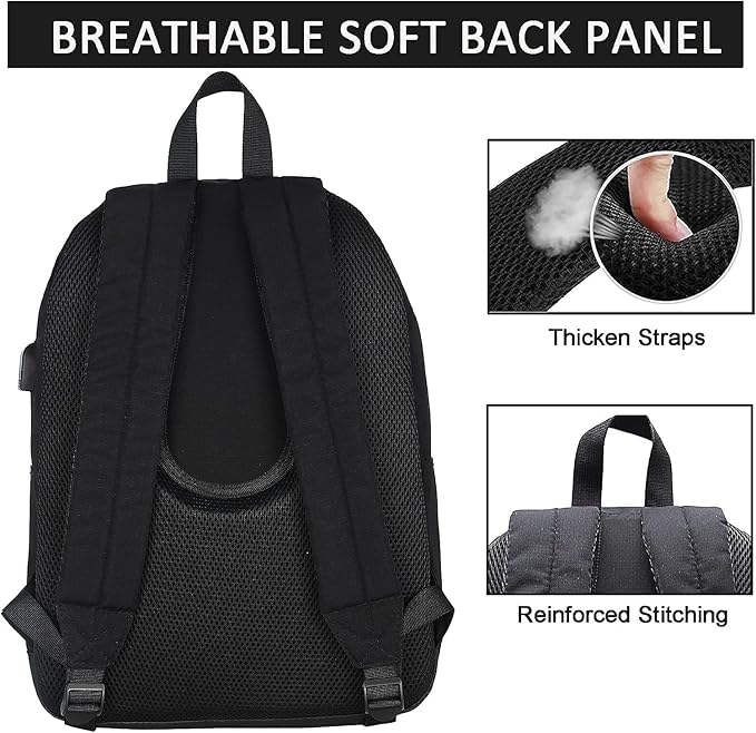 SUPACOOL Casual Laptop Backpack for Men and Women, Work backpack, Black Backpacks, College School Backpack for Boys and Girls, USB Charging Port, Lightweight Travel Back Pack(Black)