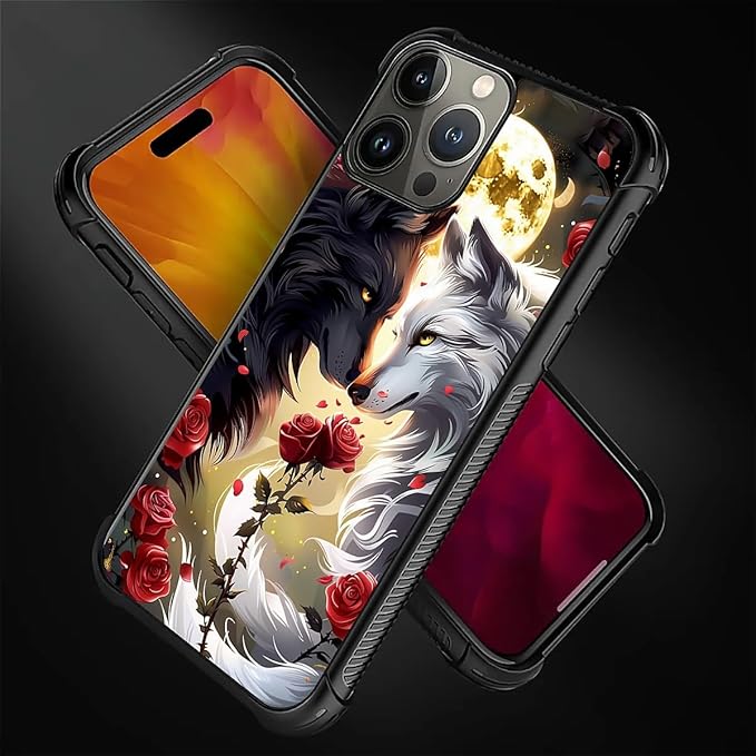 for iPhone 16 Pro Max Case, Black White Wolf Moon Flower Rose Pattern Graphic Design Girl Boy Soft Silicone Hard Acrylic Shock Protection for iPhone 16 Pro Max