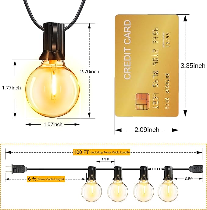 Ollny 100FT Outdoor String Lights, Waterproof Connectable Shatterproof Outside Light with 50 Edison + 3 Spare LED Bulbs Plug in, Patio Lights for Indoor Balcony Porch Camping Deck