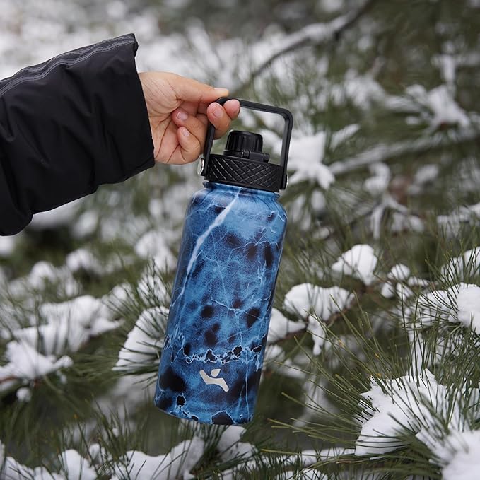 Konokyo Insulated Water Bottle 24oz Stainless Steel Sport Bottles with 3 Lids,Marble Ocean