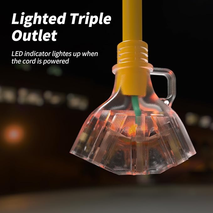 PlugSaf 100 FT 12/3 Gauge Outdoor Extension Cord with Multiple Outlets Light Indicator, Flexible 3 Outlet Weatherproof Heavy Duty Extension Cord Waterproof Yellow, 15A 1875W 12AWG SJTW, ETL Listed