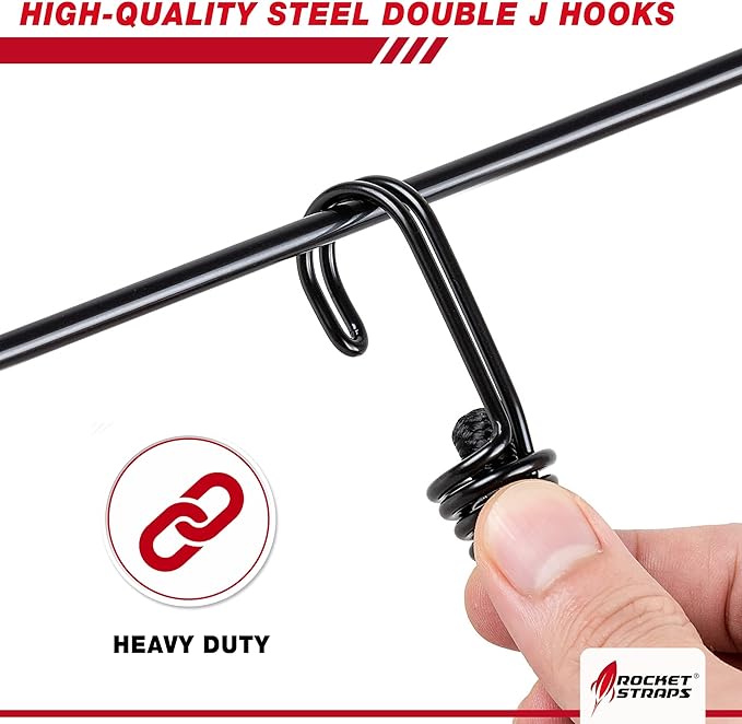 Rocket Straps - Ultimate Adjustable Outdoor Bungee Cord Assortment - Heavy Duty Set of 20 Bungee Cords (48") Double-J Hooks - Elastic Straps for Camping, Securing, and DIY Multipurpose