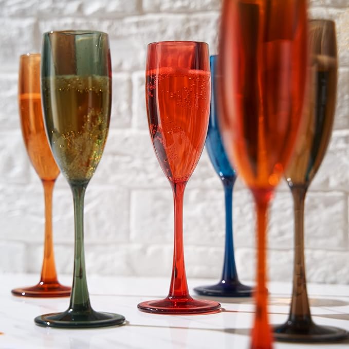 European Style Plastic Acrylic, Champagne Flutes Glasses | Set of 6 | Colored Reusable Toasting Cups 100% Tritan Drinkware, 5 oz Dishwasher Safe BPA-free plastic, Perfect Poolside & Outdoors,