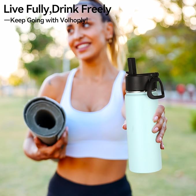 Volhoply 18oz Insulated Water Bottle Bulk 4 Pack,Kids Stainless Steel Water Bottles with Straw,Double Wall Vacuum Metal Water Bottle,Wide Mouth Reusable Sport Flask For Cold Drink(Fog,4 Set)
