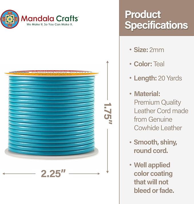 Mandala Crafts Round Genuine Teal Leather Cord for Jewelry Making – 2mm Cowhide Leather Rope String Lace for Kumihimo – 20 Yards Cowhide Craft Cording Spool