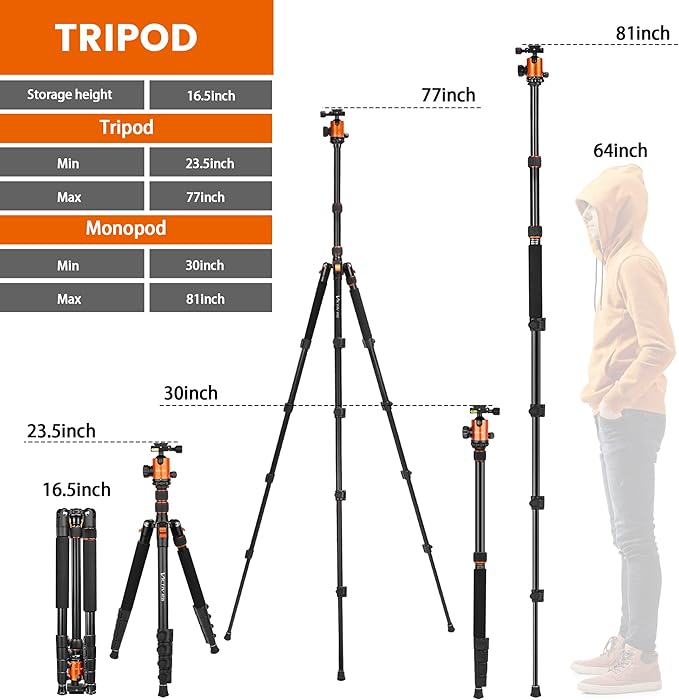 82" Tall Camera Tripod Heavy Duty, Victiv Aluminum DSLR Tripod Monopod for Photography Travel, Professional Camera Stand for Spotting Scope Telescope Binocular