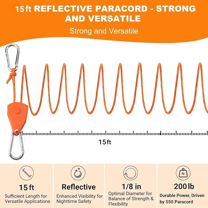 Longer 15ft Ratchet Straps Ropes Tie Down Rope Strap Small Mini Reflctive Outdoor Windproof Rope Roller Adjustable Camping Tent Hanger Grow Light Kayak Paracord 4 Pack 1/8"
