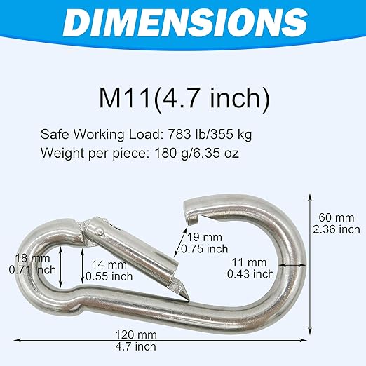 304 Stainless Steel Carabiners -4.7 inch Heavy Duty, Durable & Rust-Free Clips for Gym, Swing, Dog Leashes, Hammocks, Keychains, and More(304,M11,Pack of 2)