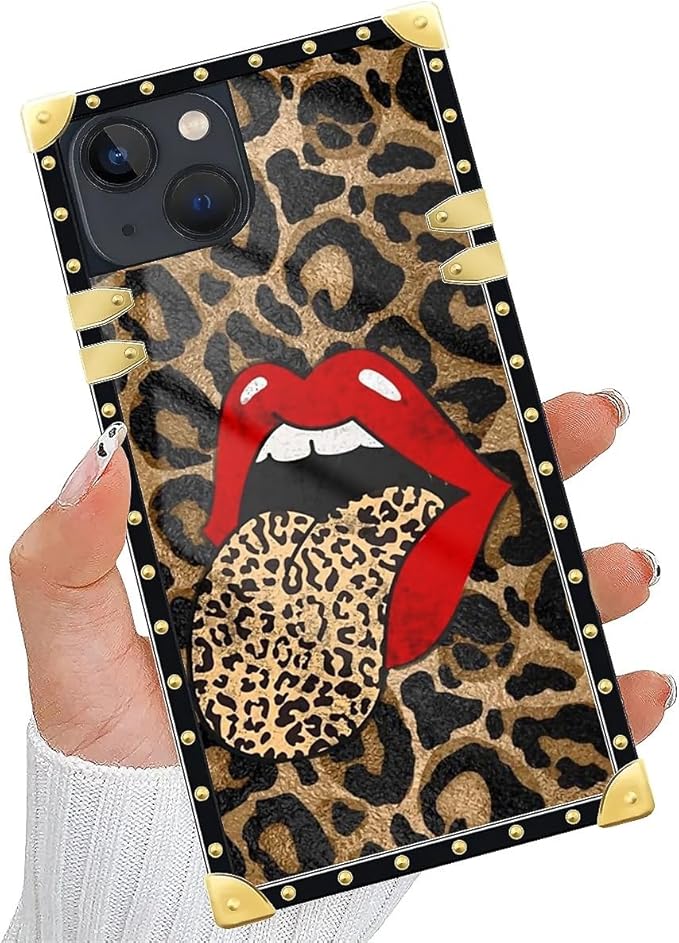 Compatible with iPhone 13 Case, Brown Leopard Print Mouth Luxury Golden Decoration for Girl Women Soft TPU Shockproof Protective Hard PC Back for iPhone 13