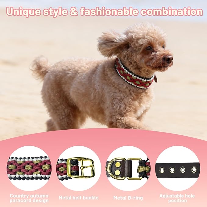 Rustic Autumn Weave Braided Paracord Wide Dog Collar, Adjustable Collar for Medium Large Dogs, Stylish Pet Gear for Boys Girls Dog, L