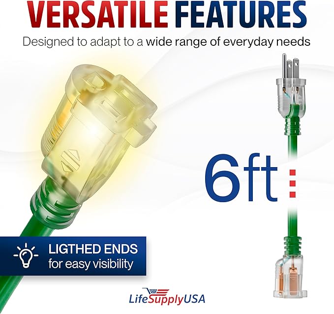 6ft Outdoor/Indoor Extension Cord 12/3 Gauge Extra Heavy Duty 3 Prong SJTW, Waterproof, Flexible Cold-Resistant Long Power Cord,125 Amp 1875W, Green by LifeSupplyUSA