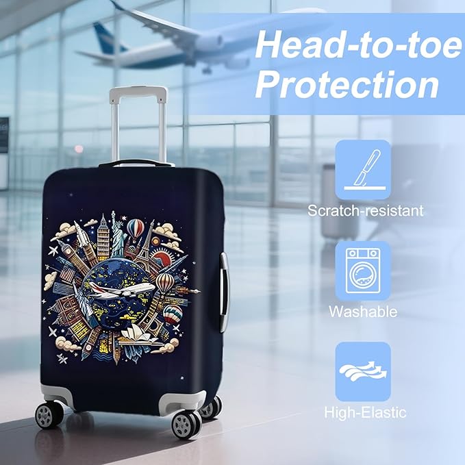 ANNA QUEEN Travel Globe Airplane Luggage Cover -Stretchable Airplane Suitcase Protector Sleeve,Universal Washable Fit for 20-37 Inch Checked Baggage,Water Resistant Durable Luggage Protector