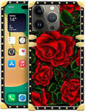 Compatible with iPhone 14 Pro Max Case, Vector Red Rose Green Leaf Luxury Golden Decoration for Girl Women Soft TPU Shockproof Protective Hard PC Back for iPhone 14 Pro Max