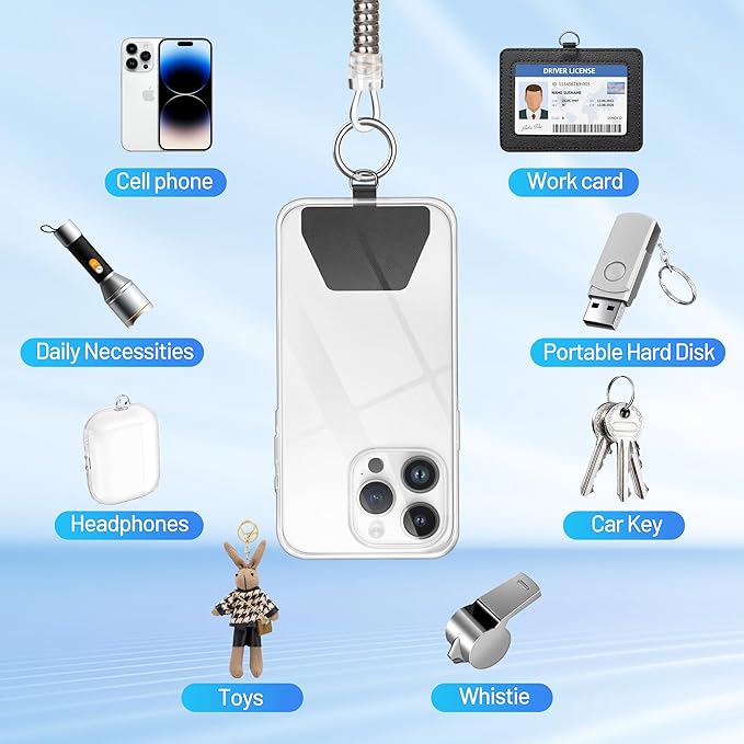takyu Phone Tether, 2PCS Phone Leash Anti-theft Phone Strap with 2*Tab and 2*Carabiner for Hiking Climbing Shopping Fit for iPhone Samsung Most Smartphones (Silver)