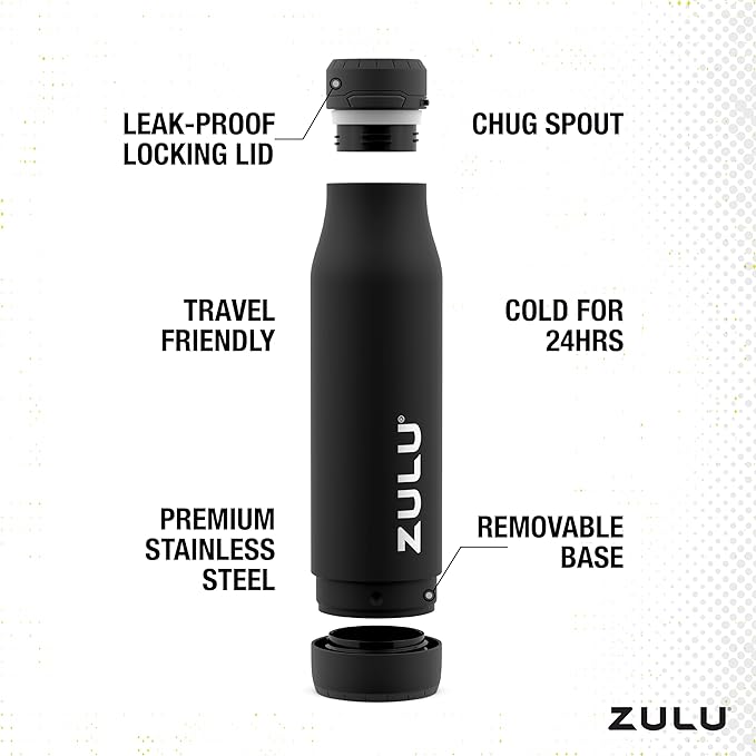 ZULU Ace Vacuum Insulated Stainless Steel Water Bottle with Chug Spout, Leak-Proof Locking Lid and Removable Base for School, Backpack, Sports, Gym, Travel
