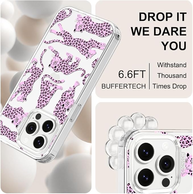 MOSNOVO Case for iPhone 13 Pro, [Buffertech 6.6ft Military-Grade Drop Protection] [Anti Peel Off Tech] Clear TPU Bumper Phone Case Cover Design - Pink Leopard
