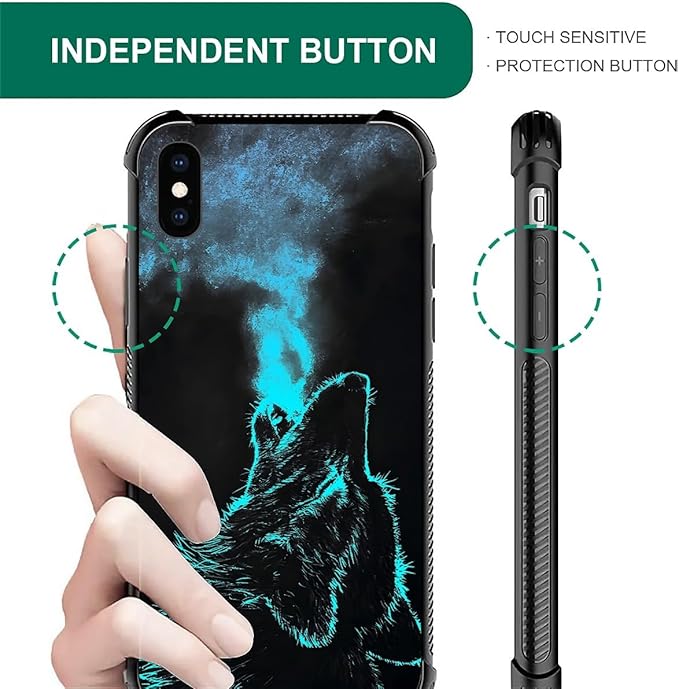 for iPhone Xs Max Case, Blue Breathing Wolf Pattern Graphic Design Girl Boy Soft Silicone Hard Acrylic Shock Protection for iPhone Xs Max